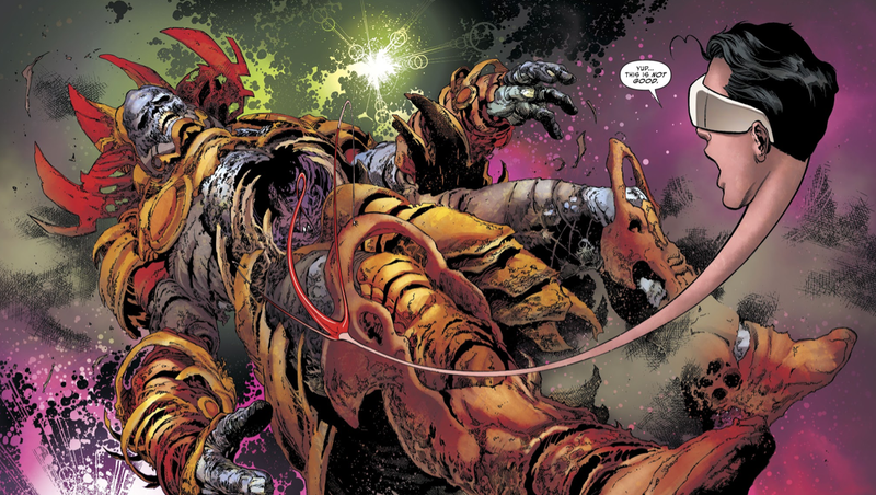 Plastic Man realizing that he’s standing on the planet-sized body of a dead alien.